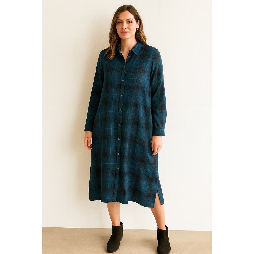 NWT J.Jill Plaid Button Front Shirt Dress Tunic Green Navy Check | Medium
